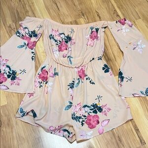 Blue Blush Floral Off-Shoulder Romper - Pink and Cream
